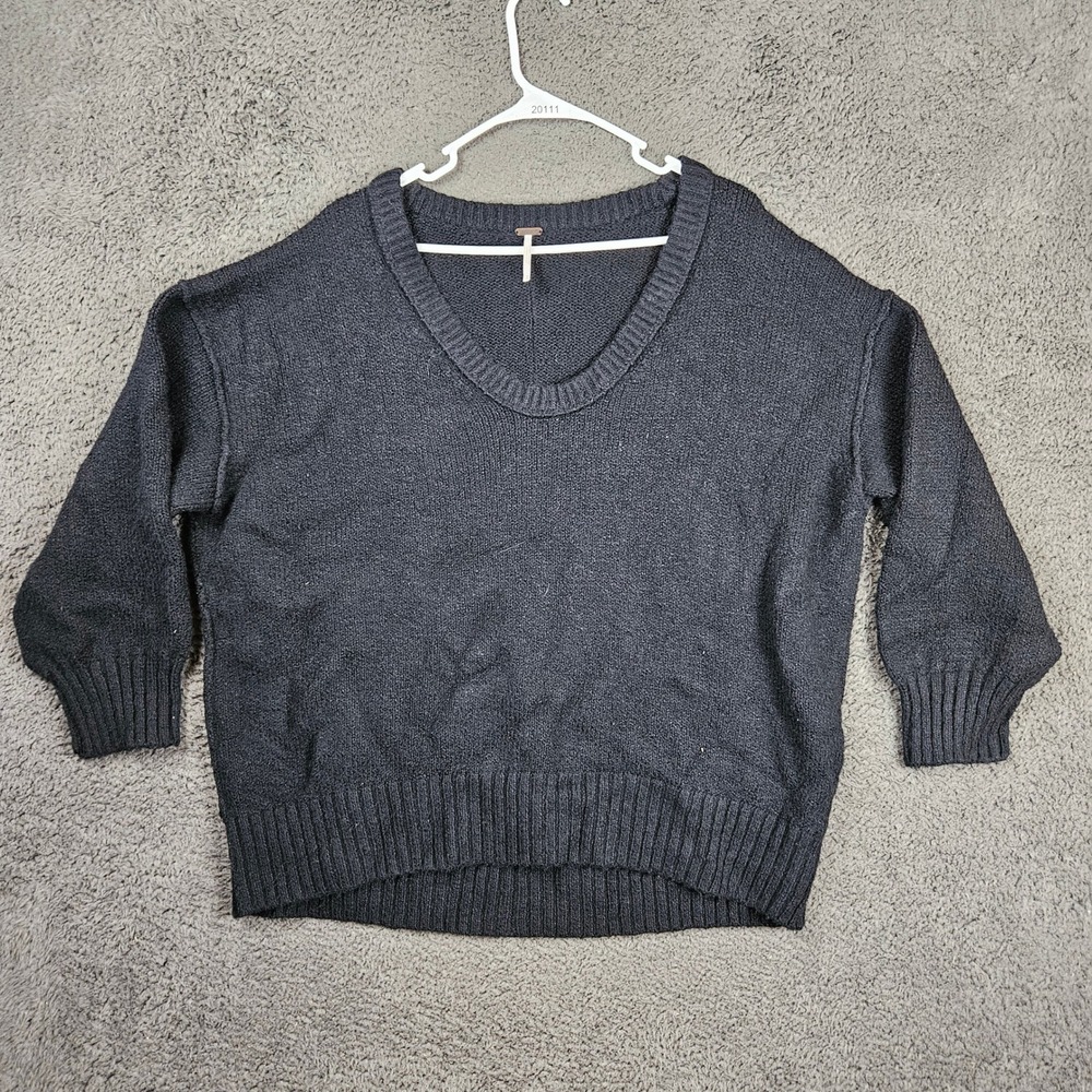 Free People Womens Black V-Neck Oversized Knit Sweater Size Medium‎